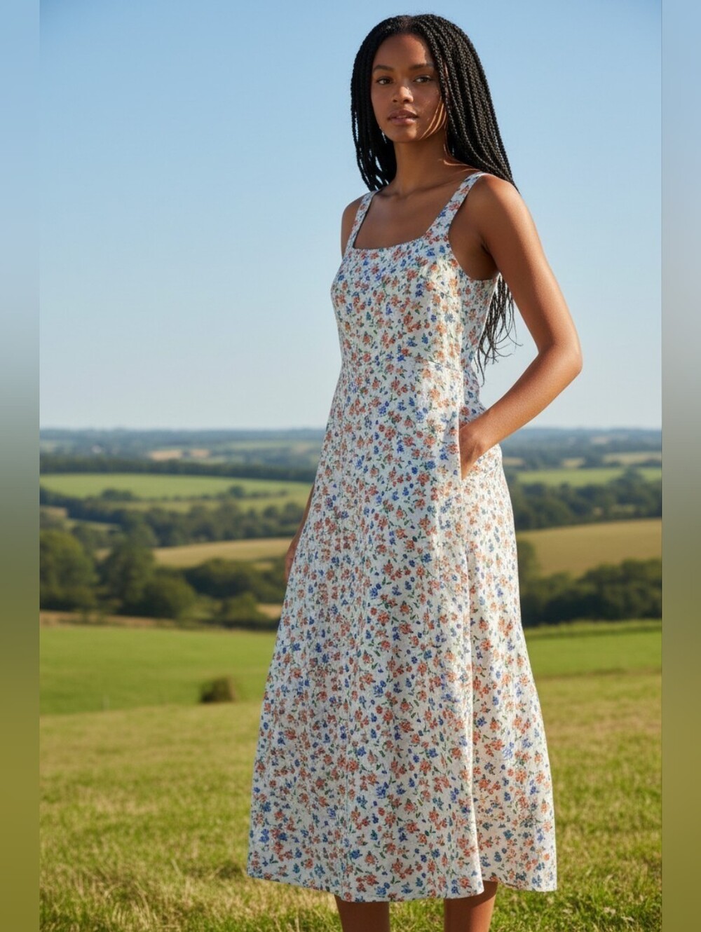 Old Navy Linen Blend Midi Dress with Floral Print S Cottagecore Smocked